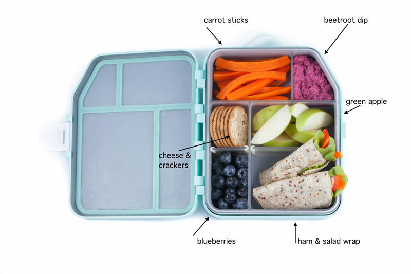 Pack a healthy lunchbox for children. ham & salad wrap, carrot sticks, beetroot dip, cheese & crackers, blueberries, green apple