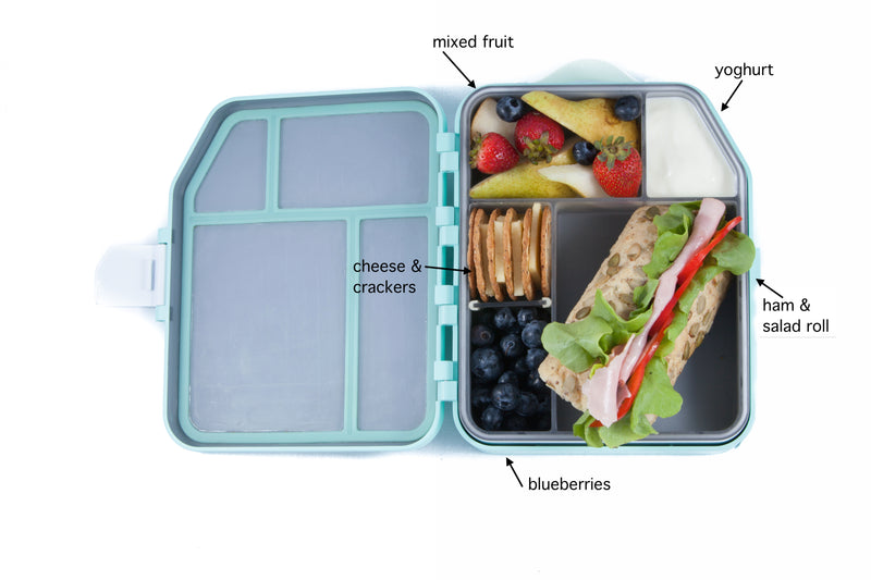 A colourful lunchbox is a healthy lunchbox. Include a serve of dairy, two serves of fruit, a serve of grains, protein and veges. Try a turkey & salad wholemeal roll, yoghurt, mixed fruit, cheese and crackers and a side of blueberries. Colourful & healthy