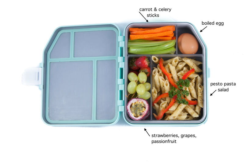 Pack protein in your kids' lunchbox to help keep them full throughout the day, include a boiled egg, pesto pasta with hidden veges, passionfruit, grapes, strawberries, carrot sticks and celery sticks. A yogurt puch on the side for added calcium.