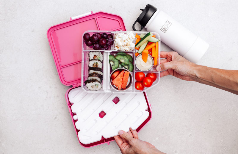 Boxi Cool bento lunchbox with ice panel - Pomegranate Crush_with drink bottle and sushi+healthy lunchbox